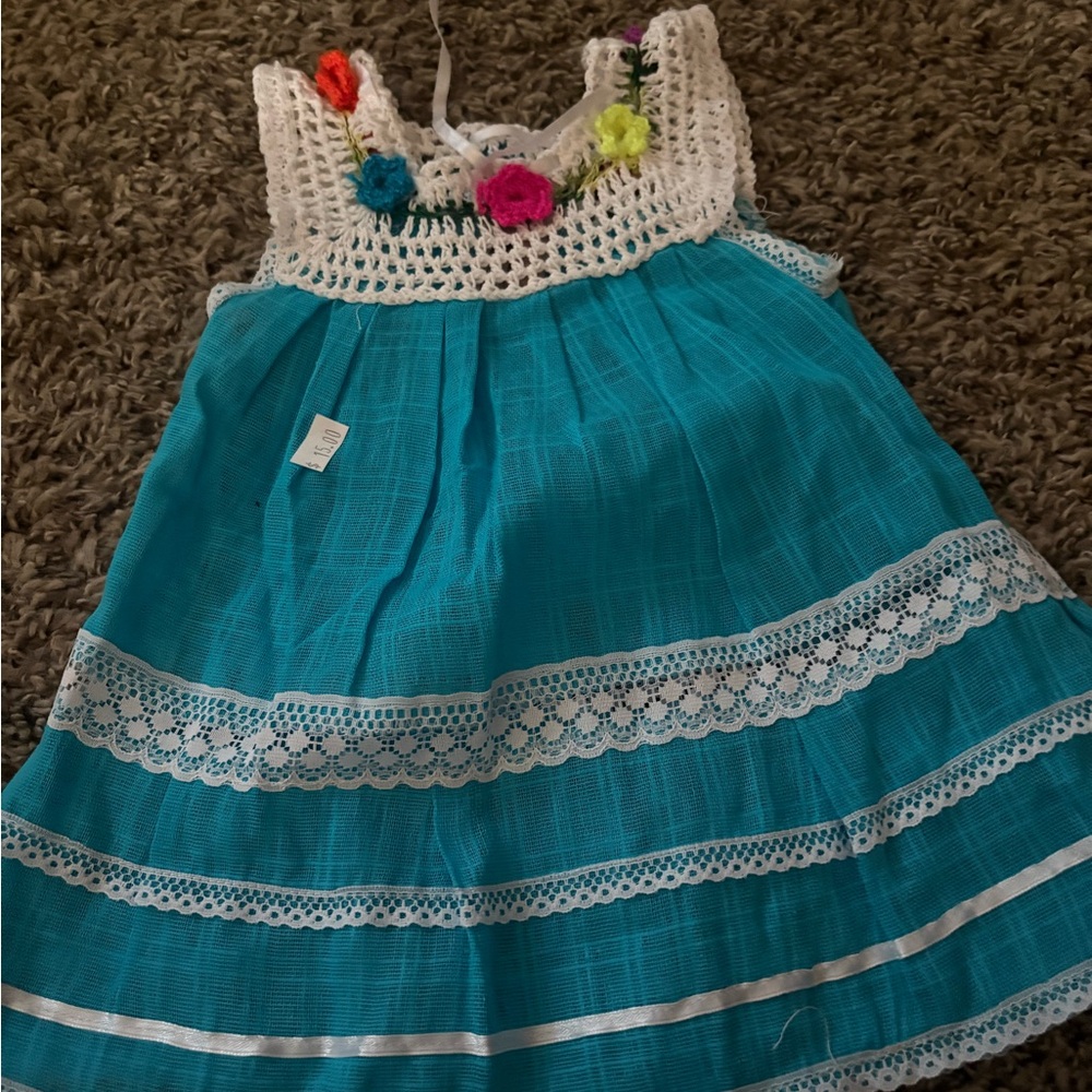 Vibrant Turquoise Kids Dress with Crochet Detail